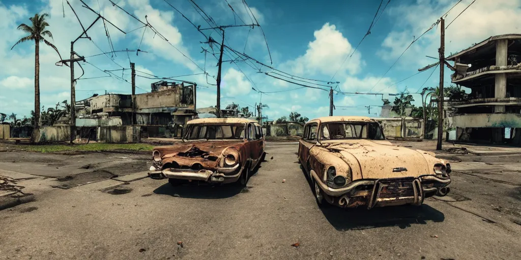 Prompt: wide angle shot of dilapidated fallout 5 tropical coastal city in real life, desolate, dilapidated, empty streets, some rusted retro futuristic vintage styled parked vehicles like cars, buses, trucks, trams, sunny weather, few clouds, volumetric lighting, photorealistic, daytime, spring, sharp focus, ultra detailed, technicolour 1