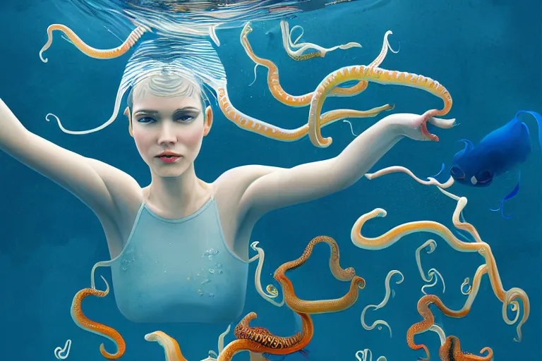 Prompt: long shot photo woman swimming with squids, highly detailed, photorealistic, reflections, smooth, sharp focus, concept art, illustration, beautiful, geometric, trending on artstation, cinematic, featured on behance , artwork by WLOP and Tran, Ross