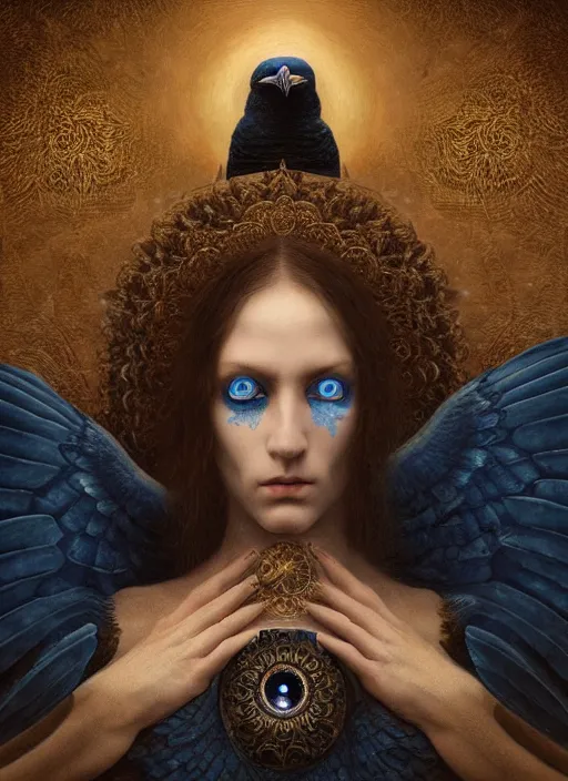 Image similar to Her huge ominous glowing blue eyes staring into my soul , perfect eyes, agostino arrivabene, WLOP, Tomasz strzalkowski, 8k portrait render, raven angel wings, beautiful lighting, dark fantasy art, rococo, gold filigree, cgsociety