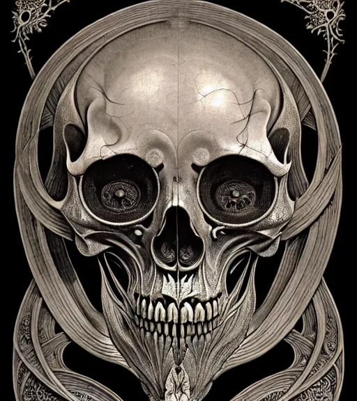 Image similar to art forms of nature by ernst haeckel, memento mori by arthur rackham, ornate antique porcelain beautiful skull mask, ultrasharp, photorealistic, hyperdetailed, octane render, polished, art nouveau, neo - gothic, gothic, intricate ornamental organic filigree, art nouveau botanicals, art forms of nature by ernst haeckel, horizontal symmetry, symbolist, visionary