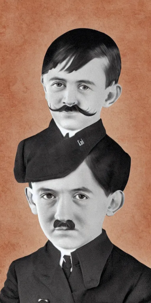 Image similar to adolf hitler as a little child in a school uniform carrying books, hitler mustache, white background, full color digital art, cartoon