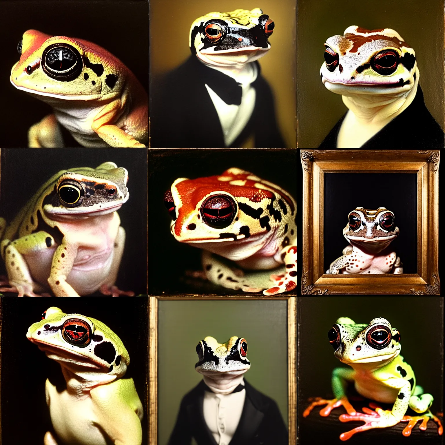 Image similar to a head - and - shoulders portrait of an amazon milk frog looking off camera wearing a black frock coat, an american romanticism painting, a portrait painting, cgsociety, soft focus, oil on canvas