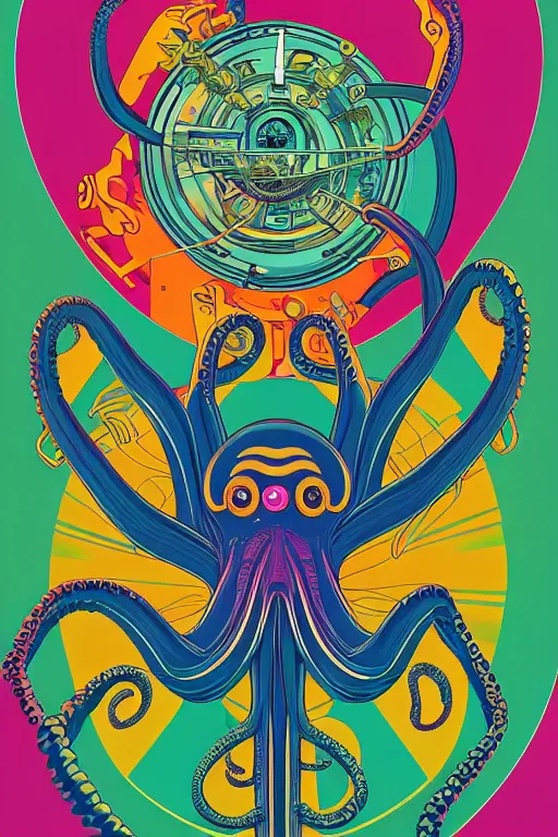 Image similar to a 6 0 s art deco octopus with the interior of an international space station fuill of electronic equipment, poster art by milton glaser, kilian eng, moebius, behance contest winner, psychedelic art, concert poster, poster art, maximalist