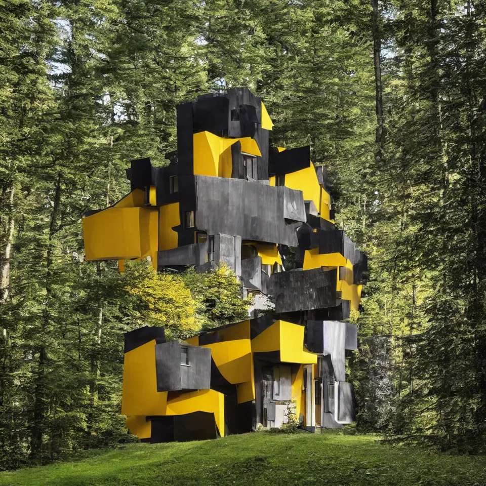 Image similar to a tiny brutalist flat horizontal house in the black forest, designed by Frank Gehry. Big tiles. Small wooden pathway . Film grain, cinematic, yellow hue