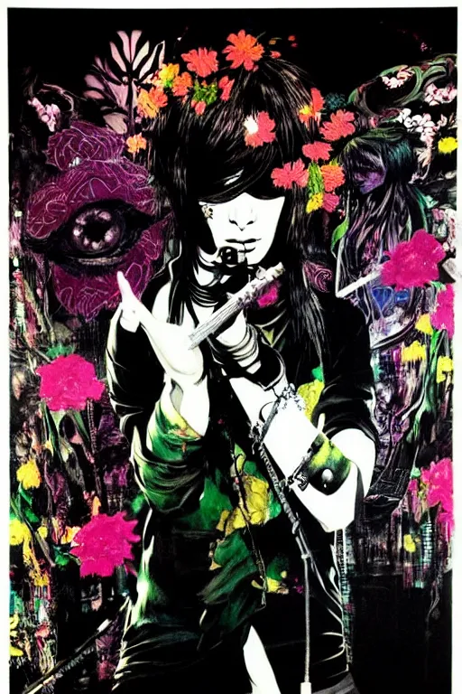 Image similar to the velvet underground and nico playing live on stage at a night club, beautiful stage decoration with flowers in the background, painting by yoji shinkawa, very detailed and colorful and toned down and ornamental and moody and cool and relaxed and high on drugs, trending on artstation, behance contest winner