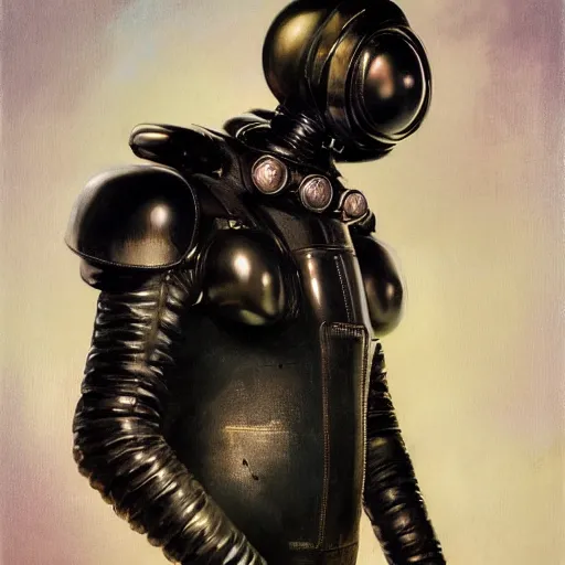 Prompt: dynamic upper body and head portrait of elegant black muppet wearing complex leather and metal spacesuit, by ilya kuvshinov, norman rockwell, jack kirby, ruan jia, jeremy mann, roberto ferri, lois van baarle, daniel gerhartz, 5 0 s science fiction, pulp scifi fantasy illustration