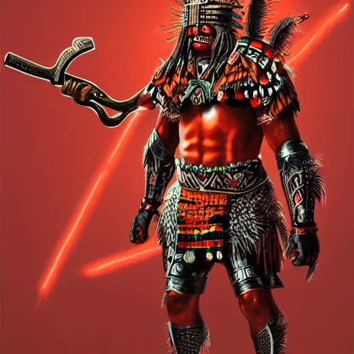 Prompt: mexican indigenous warrior in a ornated armor preparing for war, full body, dynamic pose, red and obsidian neon, concept art, intricate details, highly professionally detailed, cgsociety, highly detailed -