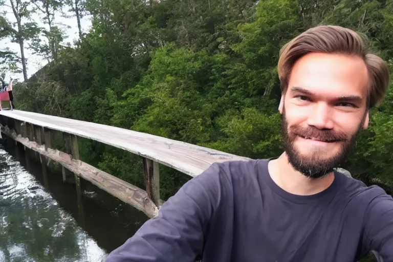 Image similar to pewdiepie taking a selfie at a bridge