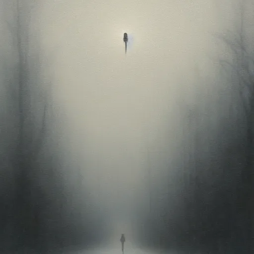 Prompt: creepy humanoid masculine silhouette hovering above a foggy road, gerald brom, horror