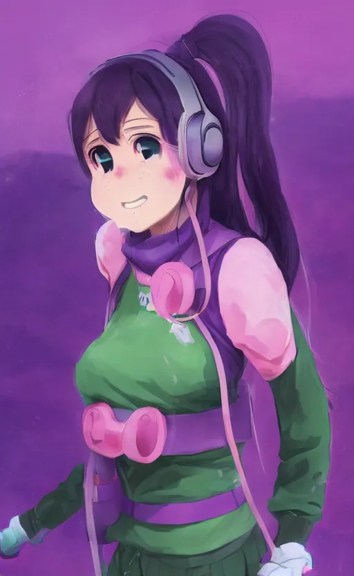 Image similar to anime girl with pink ponytail, wearing purple headphones, wearing a green sweater, with a smile on her face and her eyes closed, walking down a street, dynamic lighting, photorealistic fantasy concept art, trending on art station, stunning visuals, creative, cinematic, ultra detailed