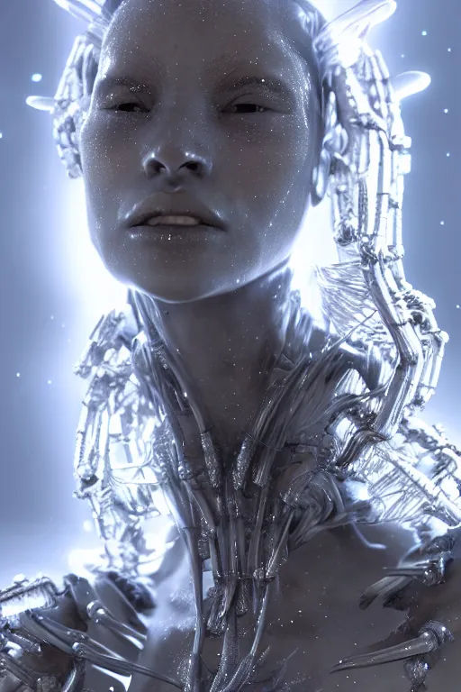 Image similar to skin concept, biopunk, in full growth, magical smoky translucent luminous sparkling crystals, many details, guyver style, 3 d, cinematic, hyper realism, high detail, octane render, art by hans giger