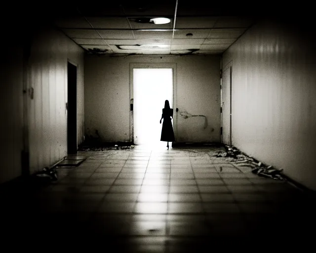 Prompt: creepy woman wearing white dress standing in the backrooms, the eerie forlorn atmosphere of a place that's usually bustling with people but is now abandoned and quiet, buzzing fluorescent lights above the ceiling, unsettling images, liminal space, dark,