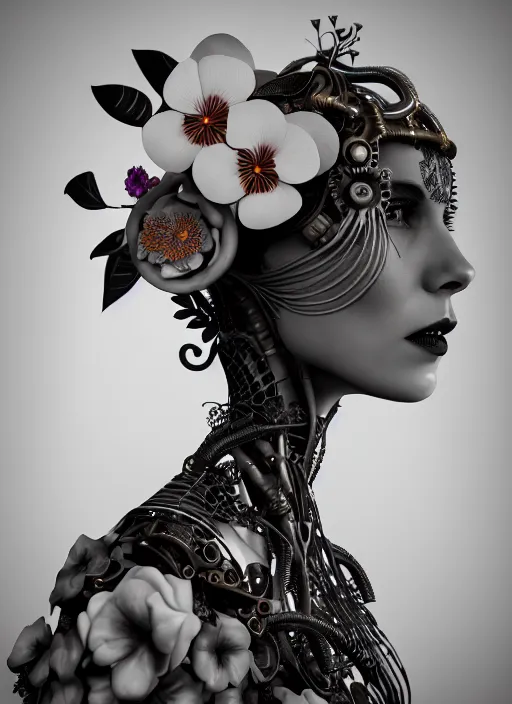 Image similar to monochrome 3 d model, steampunk biomechanical beautiful young female cyborg with porcelain profile face and a big floral eye, volumetric light, leaves foliage and stems, hibiscus flowers, boho floral vines, sinuous fine roots, fine foliage lace, alexander mcqueen, rim light, big gothic fashion pearl embroidered collar, octane render, 8 k