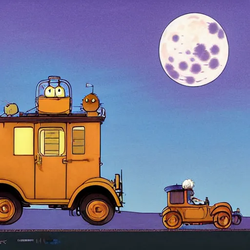 Prompt: a study of cell shaded cartoon caterpillar train from howl's moving castle ( 2 0 0 4 ) on a desert road, in front of a big moon, full body, wide shot, very muted colors, post grunge, studio ghibli, laurie greasley, highly detailed, deviantart, art by artgem