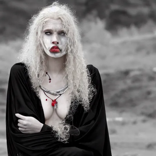 Image similar to a blonde woman in a black robe throwing up, a beautiful english woman with a long face narrow nose pale skin blue eyes red lips and wild messy tangles of curly white blonde hair, high resolution film still wearing a black robe and skull necklace and holding a spear, sandy, a journey to the west