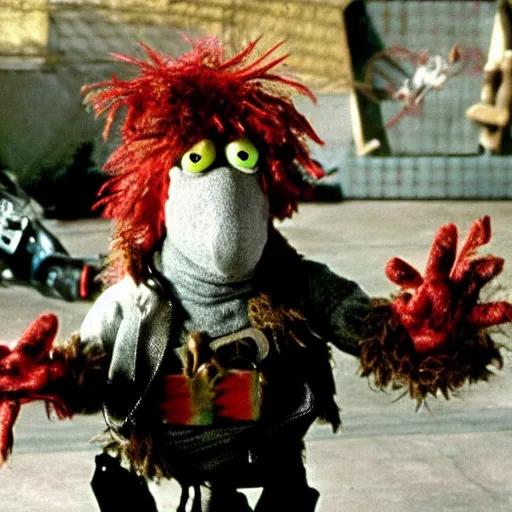 Image similar to fraggle rock meets terminator 2. Movie still.