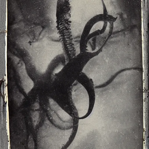 Image similar to tintype photo, swimming deep underwater, alien squid bird