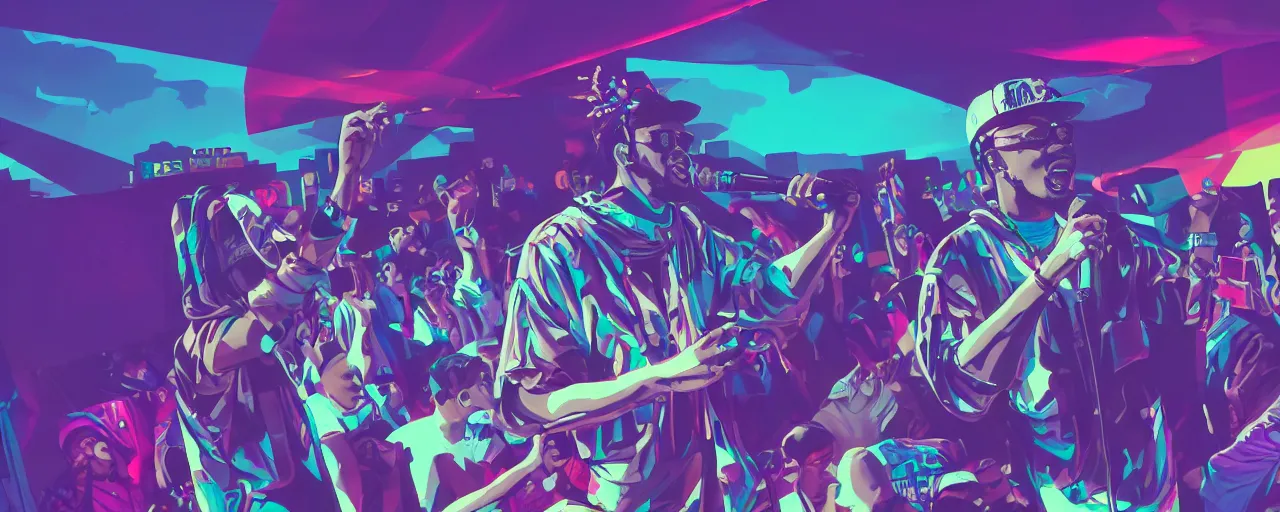 Image similar to rapper performing at huge festival holding microphone, epic angle, digital art, vapor wave, hip hop, trending on Artstation, professional artist, detailed, 4k