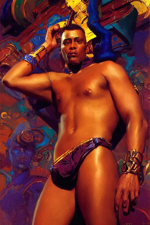 Prompt: male, character design, colorful, afrofuturism, painting by gaston bussiere, craig mullins, j. c. leyendecker, tom of finland