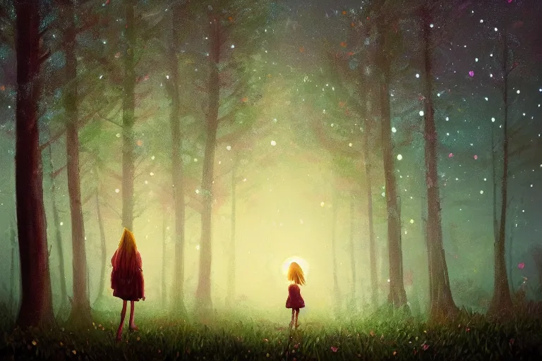 Image similar to giant daisy flower head, girl walking in a moonlit forest, hills, surreal photography, dark night, star trails, dramatic light, impressionist painting, clouds, digital painting, artstation, simon stalenhag