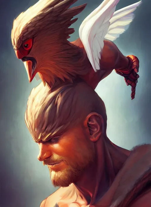 Image similar to character art by wlop, steve henderson, and j scott campbell, gooseman, male hero, goose head, wings, 4 k, arstation, trending, high quality, very detailed, digital