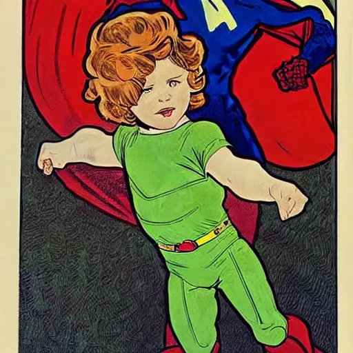 Prompt: a cute little boy with a mischievous face and short ginger hair. he is dressed as a superhero. well composed, clean elegant painting, beautiful detailed face. painting by steve ditko and jack kirby and ( alphonse mucha )