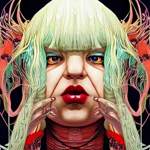 Image similar to portrait of crazy beautiful singer sia kate isobelle furler, ymmetrical, by yoichi hatakenaka, masamune shirow, josan gonzales and dan mumford, ayami kojima, takato yamamoto, barclay shaw, karol bak, yukito kishiro