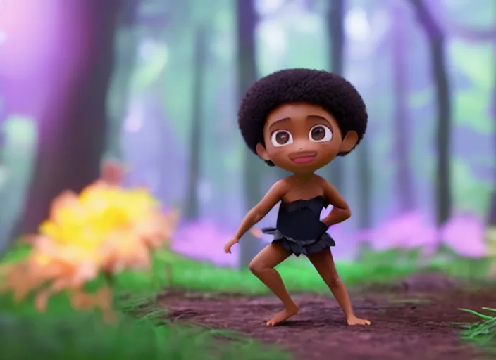 Image similar to black prima ballerina as nendoroid walking in a forest in the croods movie style, anime, disney, pixar, 8 k, hd, dof, kodak film, volumetric lighting, subsurface scattering, photorealistic, octane render, details