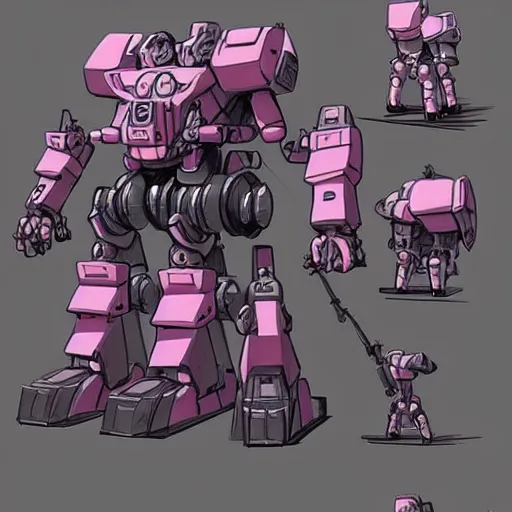 Image similar to concept art of an heavy warmech, pink and cute mech, canons and railguns, photoshop, trending on artstation by alex ichim and evan leep and salvatorre yazzie, # mechanical design, # mecha, # digital 2 d, # character design