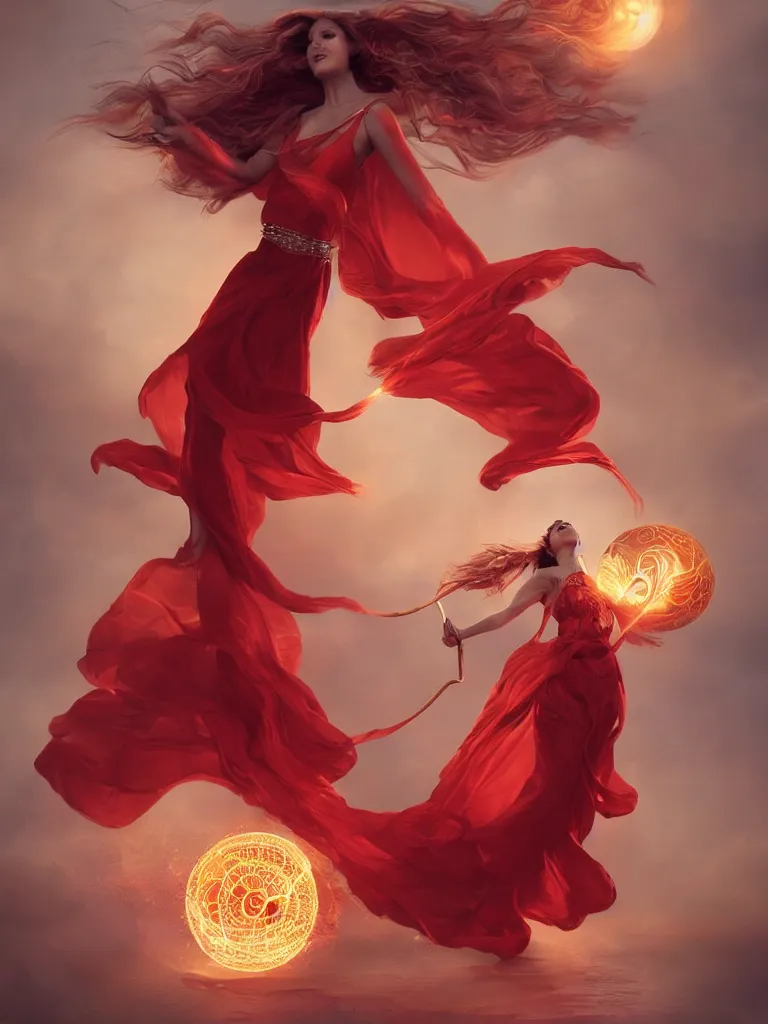 Image similar to A woman floats in midair, encircled by a ring of fire. She wears a crimson gown and her hair is wild and flowing. In her hands she holds a staff adorned with a large crystal ball, super coherent, trending on artstation, single subject, female, magic, by Lulu Chen and Mandy Jurgens