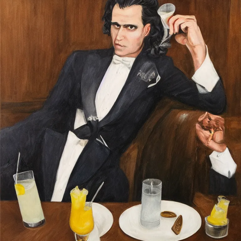 Prompt: Moody well-lit magazine photograph of a Werewolf with perfect hair wearing a bespoke Savile Row suit drinking a Pina Colada at Trader Vic\'s by Diane Arbus, shocking detail hyperrealistic trending on artstation