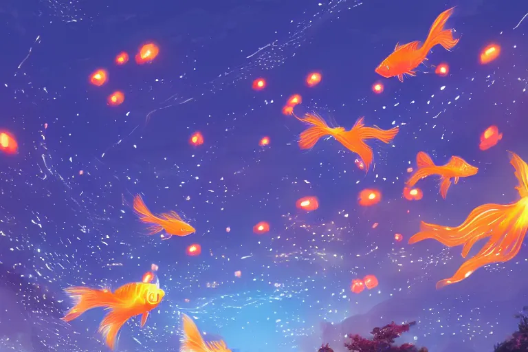 Prompt: fantasy art of glowing goldfish swimming in the air through a japanese town at night, by makoto shinkai, close up, low angle, wide angle, highly detailed digital art, trending on artstation