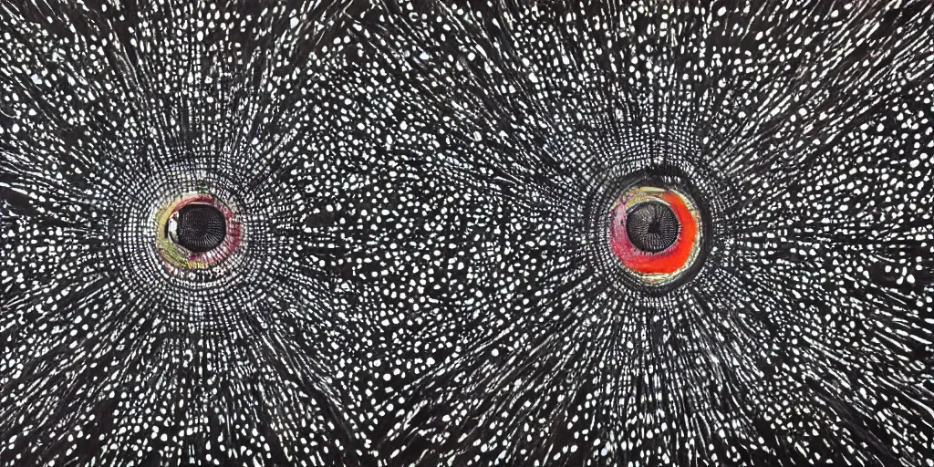 Image similar to deconstructed eye camo, technical, acrylic, centered burst, teeth, eerie, tribal, clay, dotting, lines, stipple, points, cybernetic, style of old painting, francis bacon art, sleep paralysis, hypnosis, eerie, terror, oil, neon, black and white, splotches, colorful dots, ominous, abstract