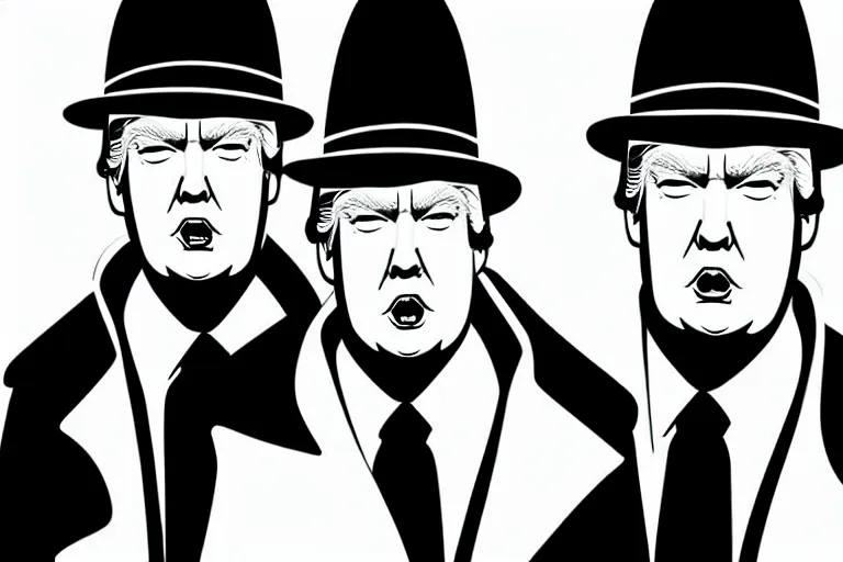 Image similar to poster matte shaded illustration of two donald trump and donald trump wearing trench coats and big black spy hats carrying boxes starring in spy vs spy