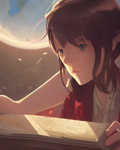 Image similar to a girl reading a map, full shot, atmospheric lighting, detailed face, by makoto shinkai, stanley artger m lau, wlop, rossdraws, james jean, andrei riabovitchev, marc simonetti, krenz c