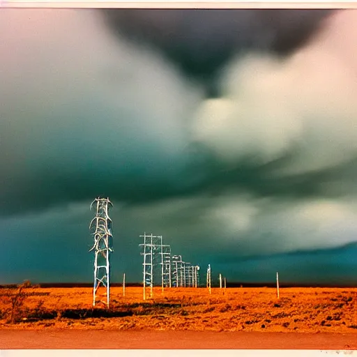 Prompt: film photography of several 4g mobile phone towers amongst colourful clouds by Kim Keever, low shutter speed, 35mm
