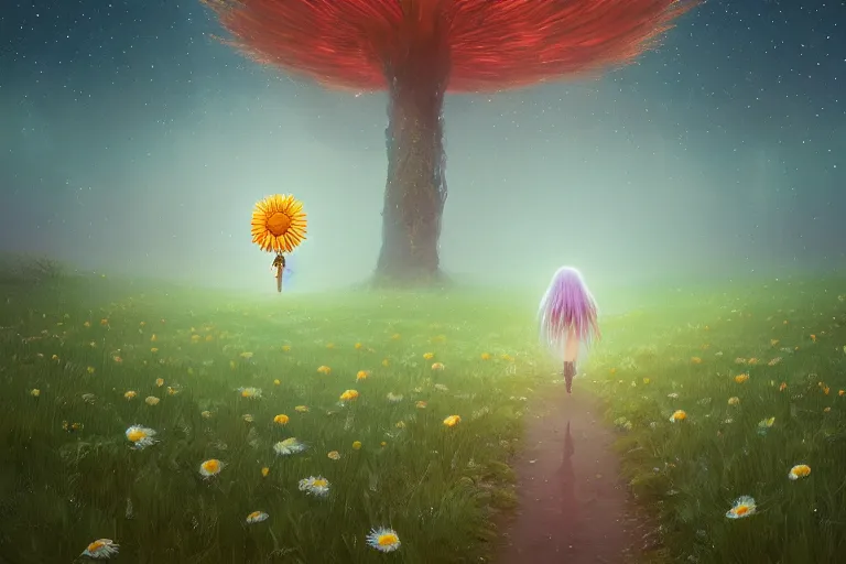 Image similar to giant daisy flower over head, girl walking in spirit forest, surreal photography, dark night, stars, moon light, impressionist painting, clouds, digital painting, artstation, simon stalenhag