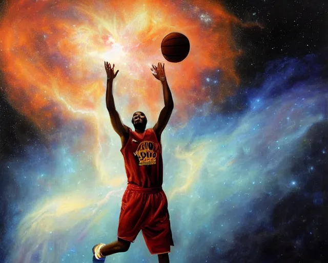 Image similar to cosmic basketball player dunking in a nebula, an oil painting, by ( leonardo da vinci ) and greg rutkowski and rafal olbinski ross tran airbrush time magazine