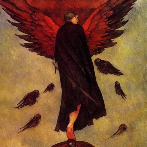 Image similar to aesthetically pleasing image of the whitewinged angel of death wearing a crimson and black robe descending on the lonesome faceless phantoms in their graves paul cezanne arthur rackham norman rockwell oil painting