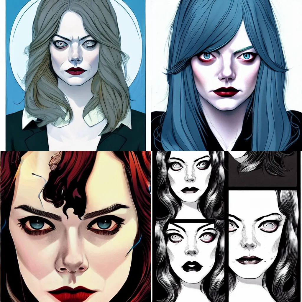 Image similar to Emma Stone vampire:: in the style of Joshua Middleton comic art:: symmetrical face symmetrical eyes