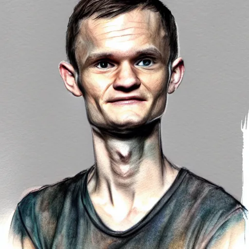 Image similar to full body sketch of vitalik buterin, high detail face, perfect anatomy, watercolor background, pencil art, ink and pencil, hyperrealistic, hyperdetailled, digital art, greg rutkowski, artstation, 8 k, beautiful drawing, paper texture, spray paint, watercolors