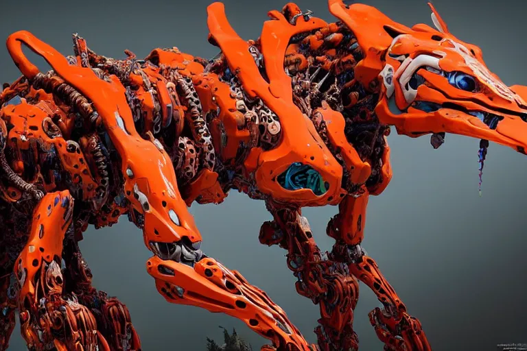 Image similar to a hyper detailed orange fanghorn evangelion realistic mechanical and organic creature similar look as horizon forbidden west horizon zero dawn, bioluminiscence in a dark deep forest at dawn in spring, with reflection and textures, by kilian eng, substance painter reaslitic mech surface metal painted scratches,