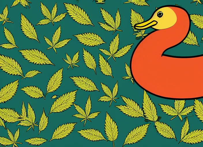 Prompt: !dream duck, marijuana leaves, duck surrounded by weed leaves