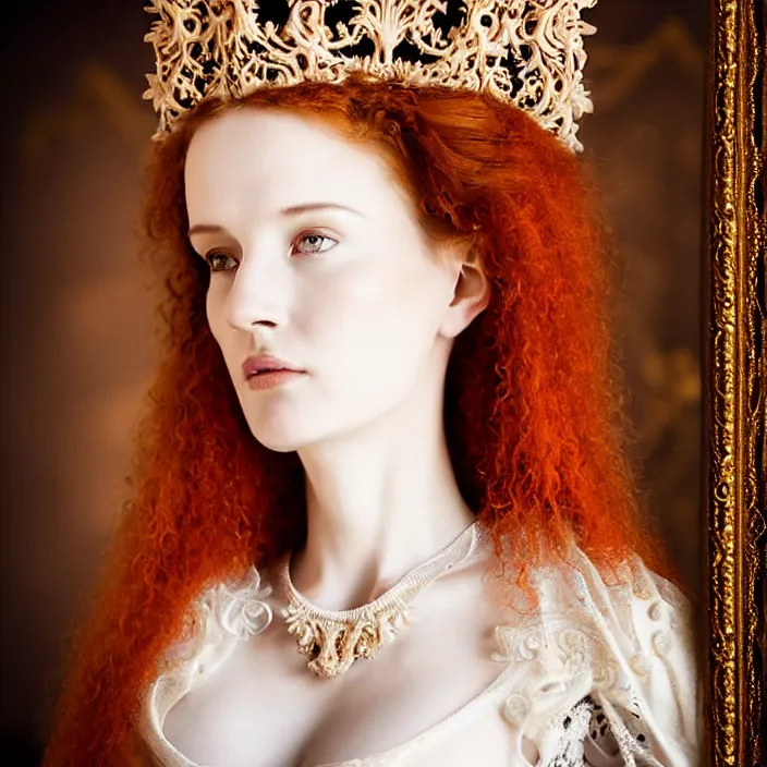 Image similar to photo portrait of a beautiful woman like a queen-ethereal-angel, dressed in long elegant intricate ornamental baroque white dress, natural skin tone, intricate fractal highly detailed baroque ornament in the upper side of breast, bust with a very long neck , elegant, highly detailed intricate baroque ornament in her red hair, Realistic, Refined, Highly Detailed, Cinematic Lighting, fine art photography by Paolo Roversi, volumetric studio lighting, hyper realistic photography