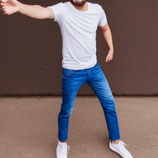 Image similar to stock photo of man smiling and pointing at the camera, white tee-shirt, blue pants, studio shot