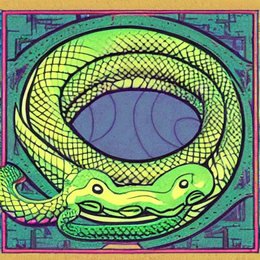 Image similar to a snake biting itself in the center of a tarot card with intricate details in the frames, colors: green, violet, blue, yellow, 4k, high quality render.