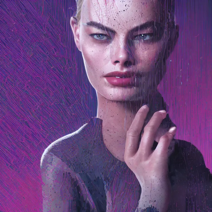 Image similar to portrait of Margot Robbie in The Matrix 2000. intricate abstract. intricate artwork. by Tooth Wu, wlop, beeple, dan mumford. octane render, trending on artstation, greg rutkowski very coherent symmetrical artwork. cinematic, hyper realism, high detail, octane render, 8k, iridescent accents