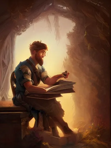 Image similar to a young handsome man, writing a poem. intricate, elegant, highly detailed, digital painting, artstation, concept art, sharp focus, illustration, by justin gerard and artgerm, 8 k