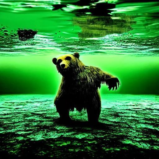 Image similar to zombie bear swimming in a toxic green pool of liquid, photo image by national geographic + realistic horror