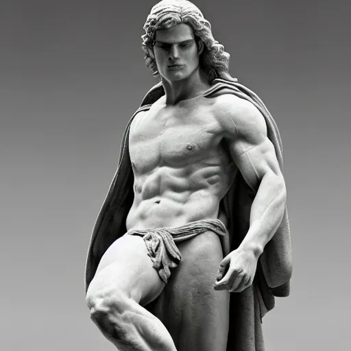 Image similar to henry cavill as as a baroque marble statue, hyper realistic, unreal render engine, studio shot, dynamic light, gallery